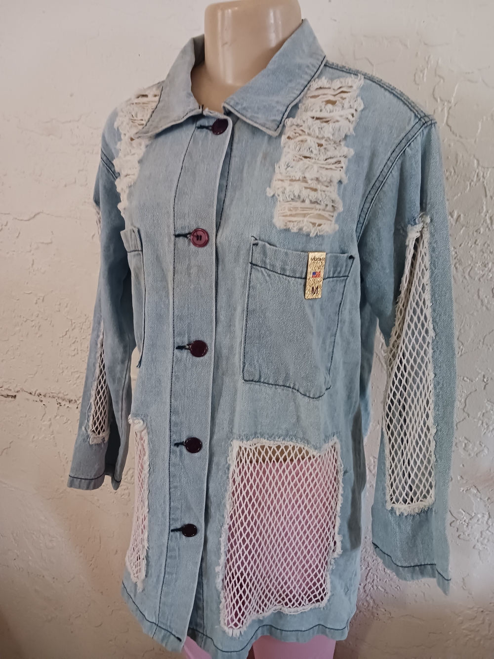 Vibrant Light Blue Distressed Denim Mesh Patch Jacket